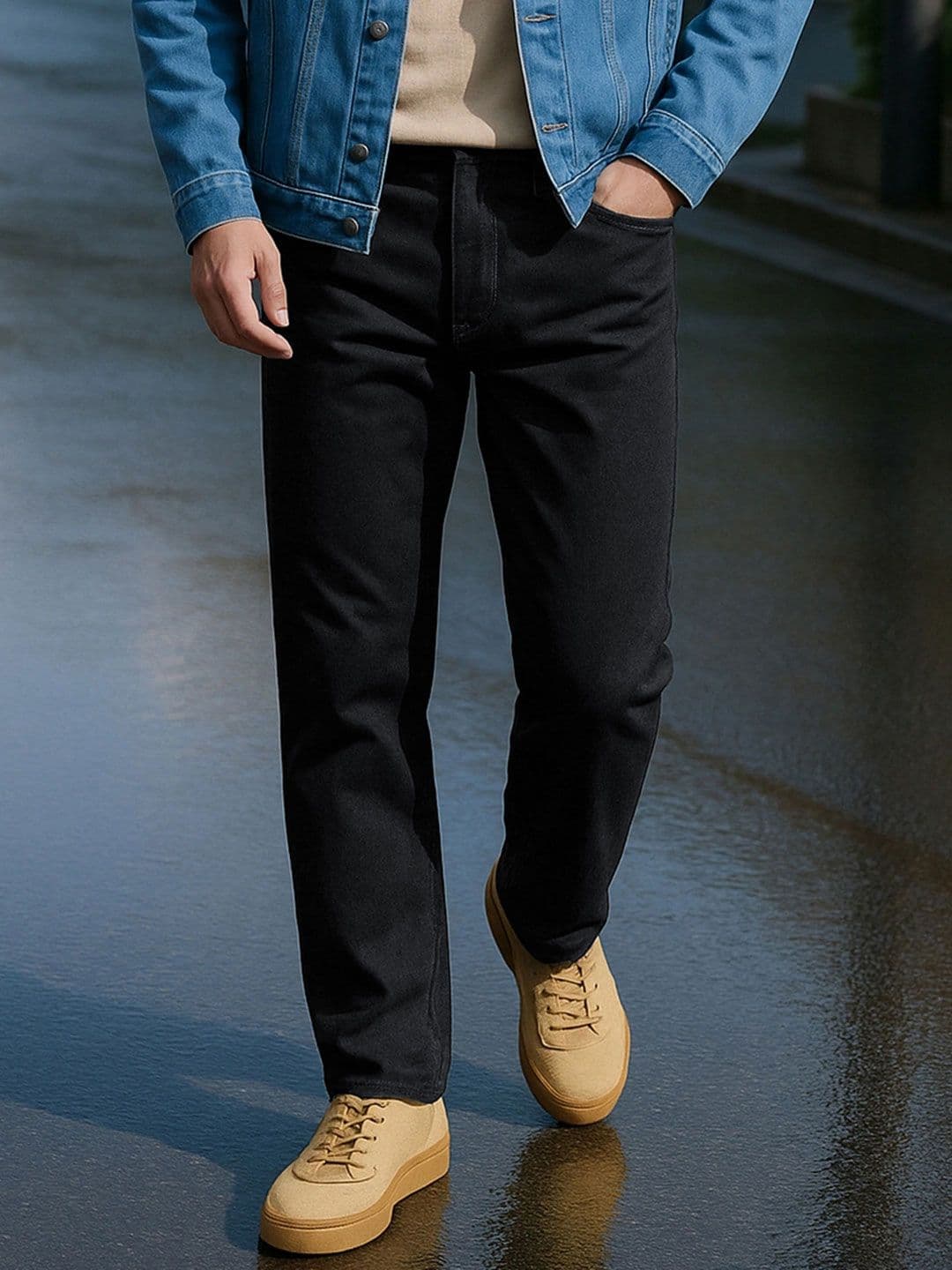 Bewakoof Men's Jet Black Slim Straight Fit Stretchable Washed Mid-Rise Jeans - view 1