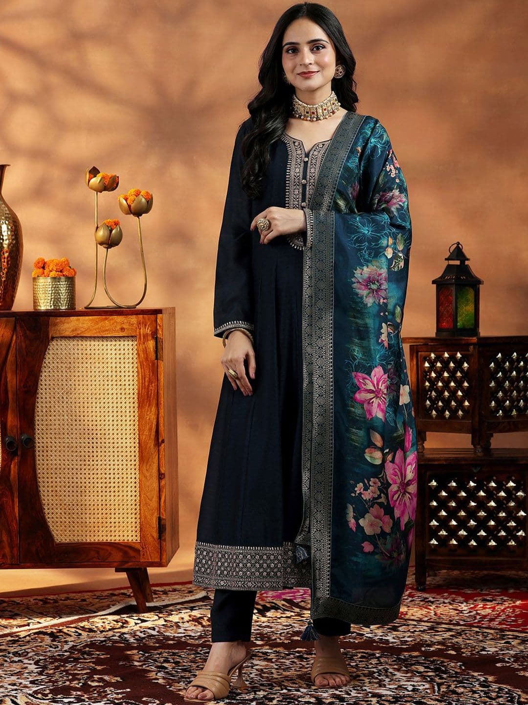 Libas Women Floral Yoke Design Panelled Kurta with Trousers & With Dupatta - view 1
