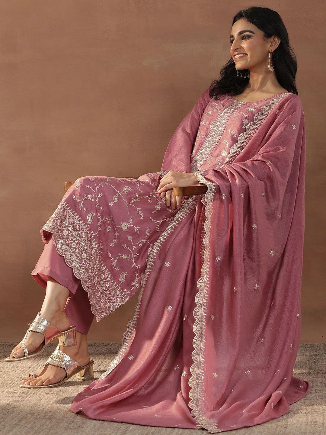 Libas Women Floral Embroidered Regular Sequinned Kurta with Trousers & With Dupatta - view 1