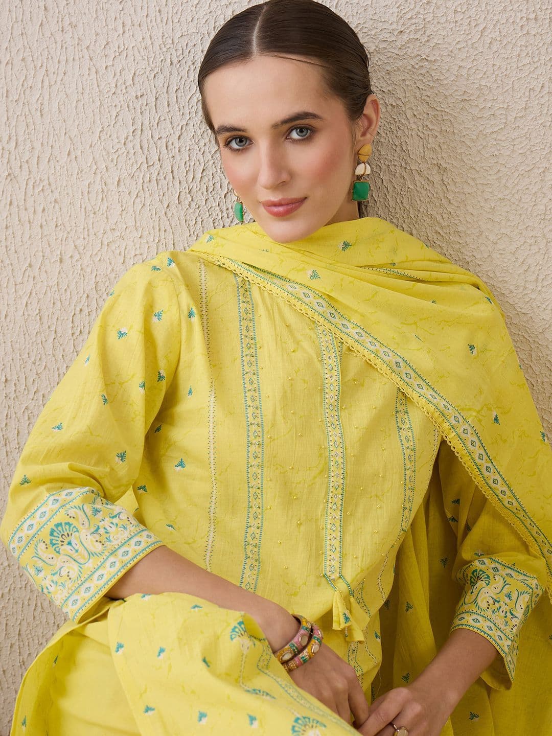 Indo Era Floral Printed Mandarin Collar Beads Stones Pure Cotton Kurta Trousers & Dupatta - view 1