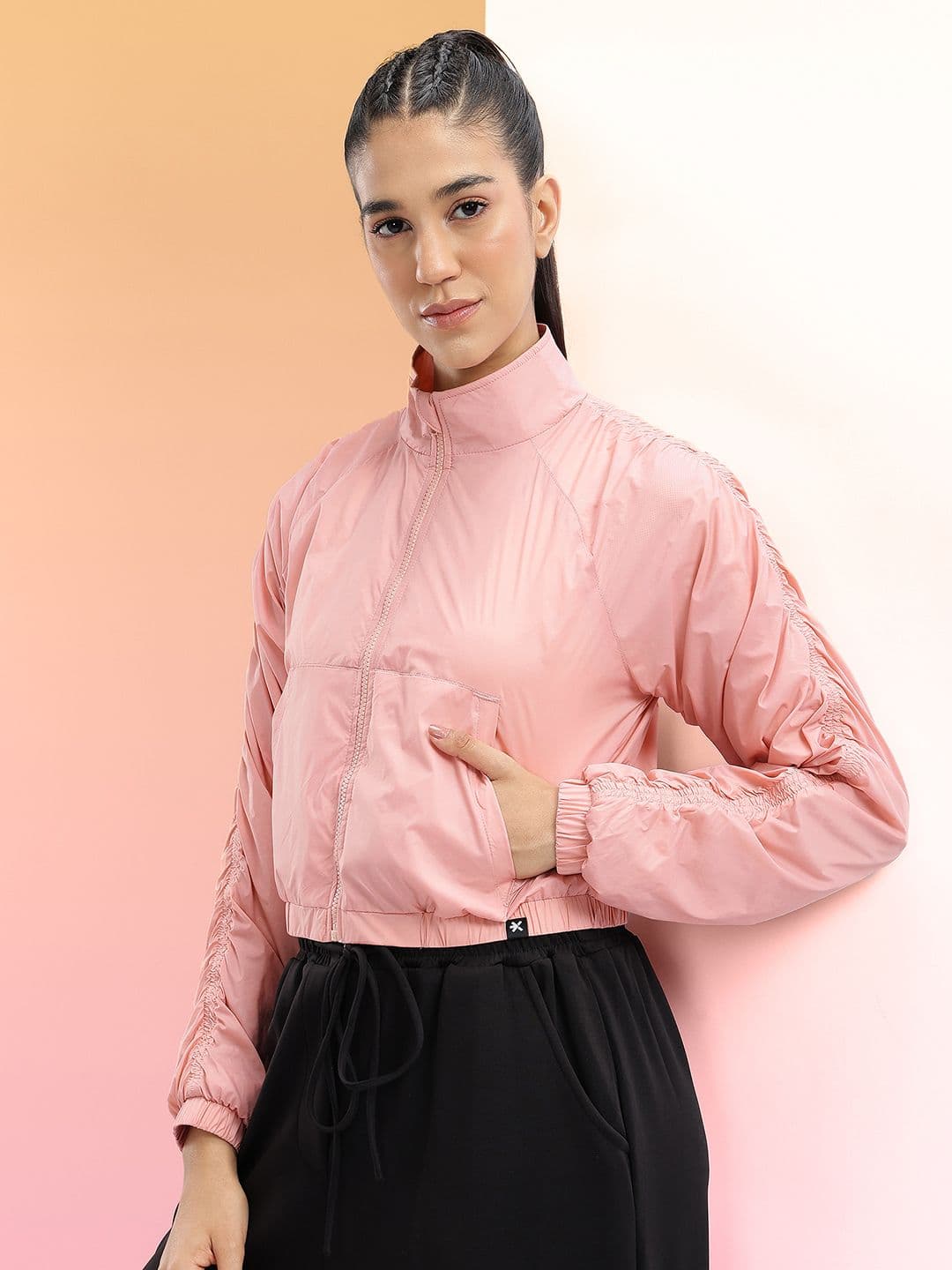 HRX by Hrithik Roshan Mock Collar Ruched Crop Tailored Jacket - view 1