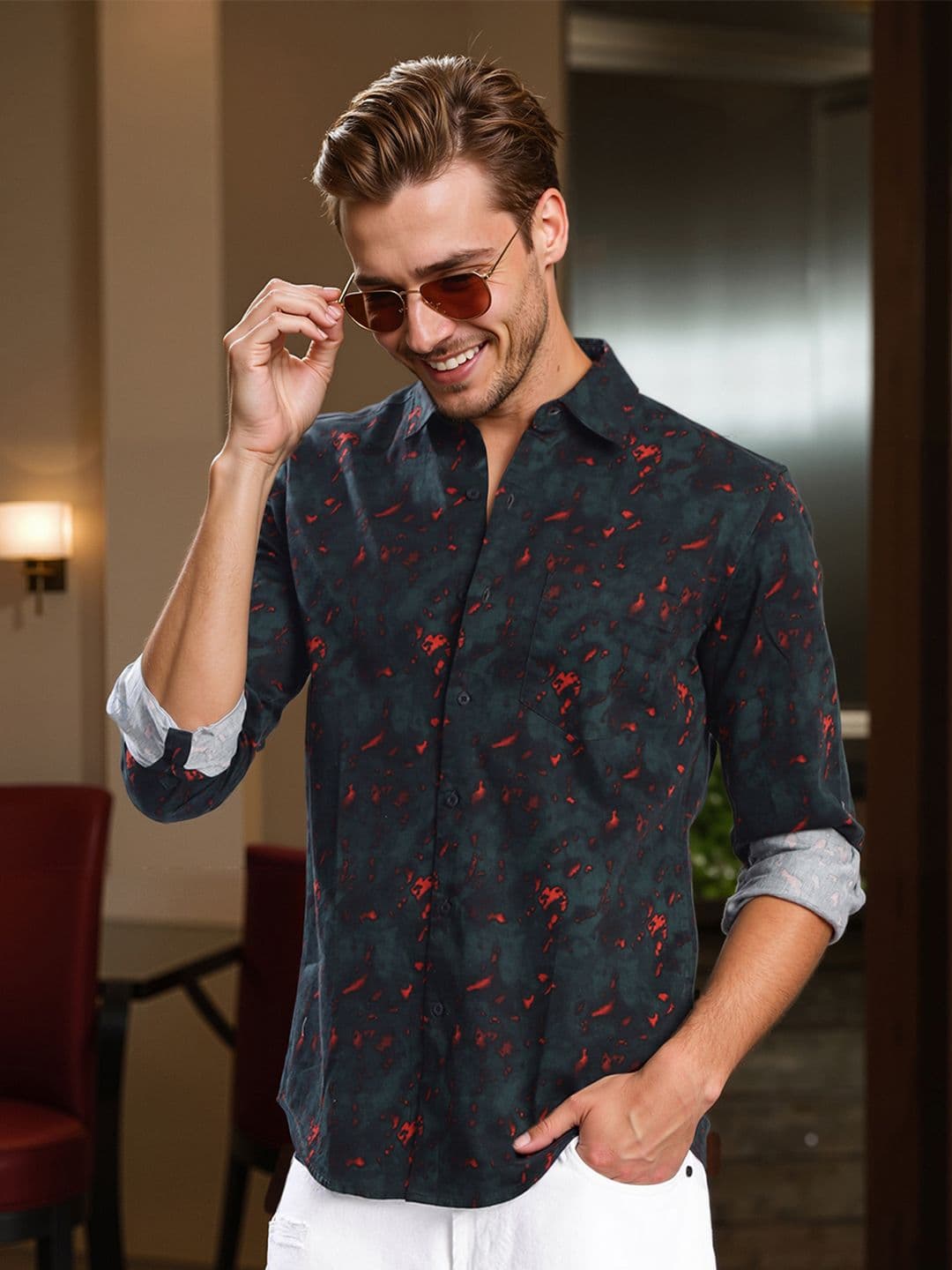 Bene Kleed Abstract Single Cotton Short Sleeves Slim Fit Shirt - view 1