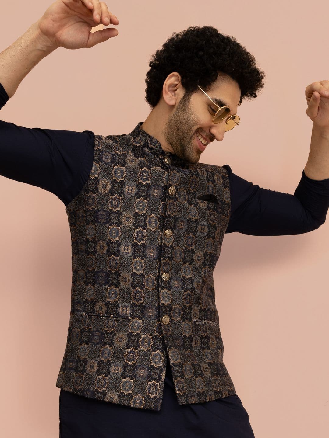 KISAH Men Navy Blue Jacquard Geometric Nehru Jackets - view 1