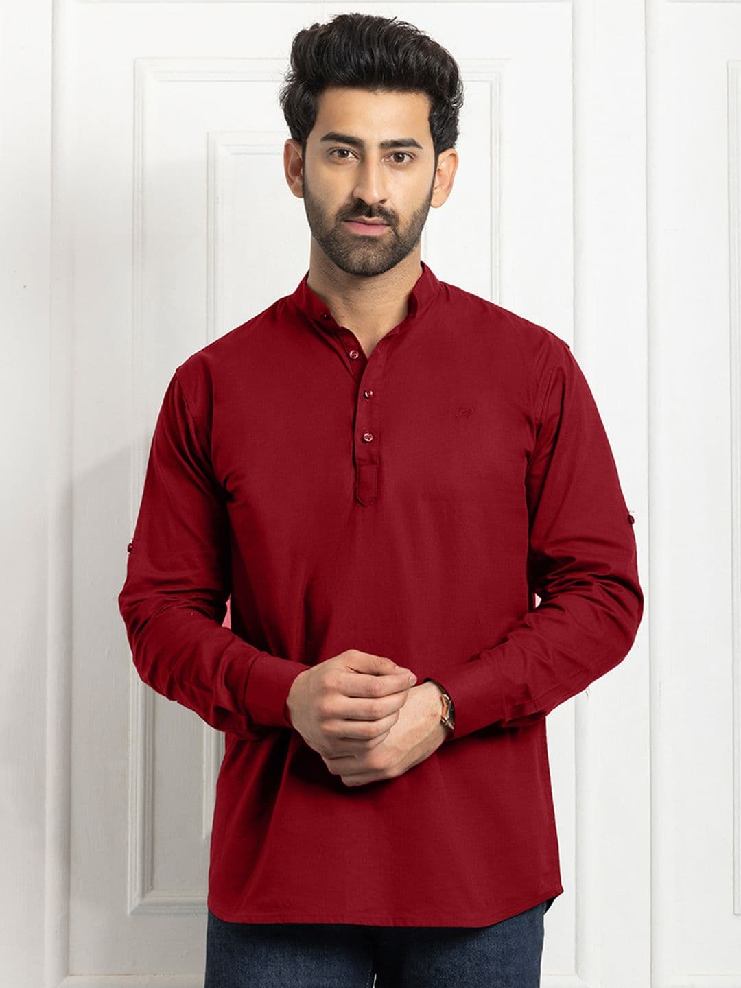 FILO HEVIS Men Mandarin Collar Cotton Red Short Kurta - view 1