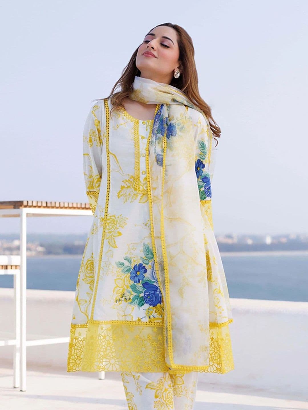 Royal Export Women Embroidered Floral Printed i Style Kurta with Trouser & Dupatta - view 1