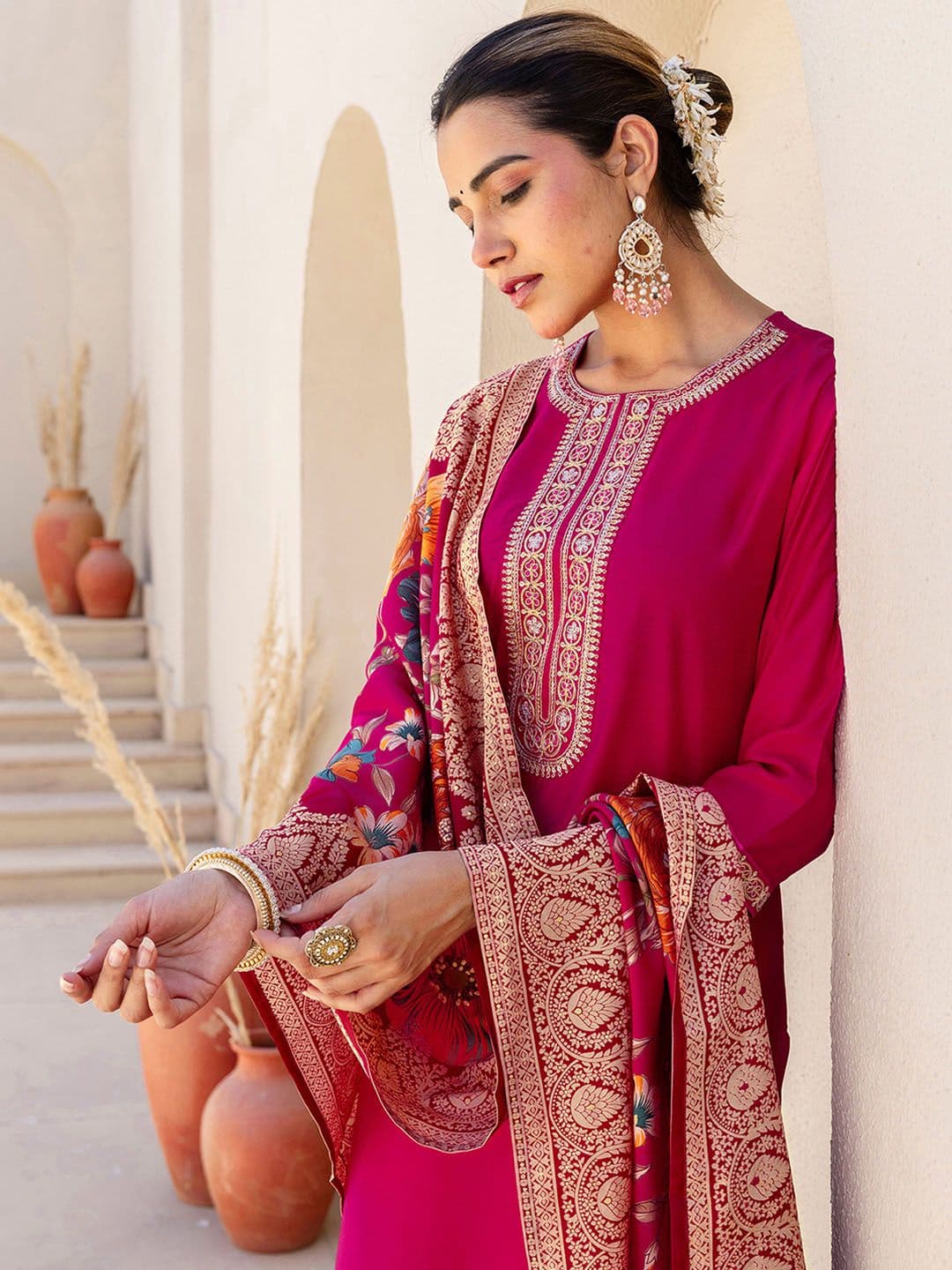 SANISA Women Ethnic Motifs Embroidered Regular Sequinned Kurta with Trousers & With Dupatta - view 1