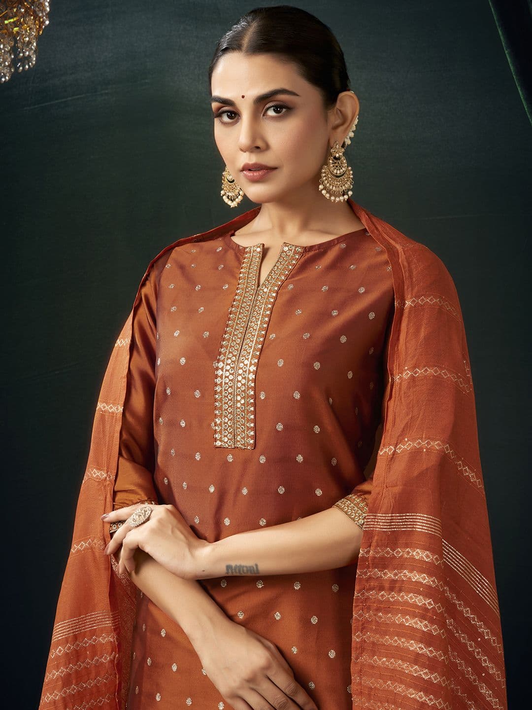 SANISA Floral Woven Design Notch Neck Sequinned Straight Kurta With Trousers & Dupatta - view 1