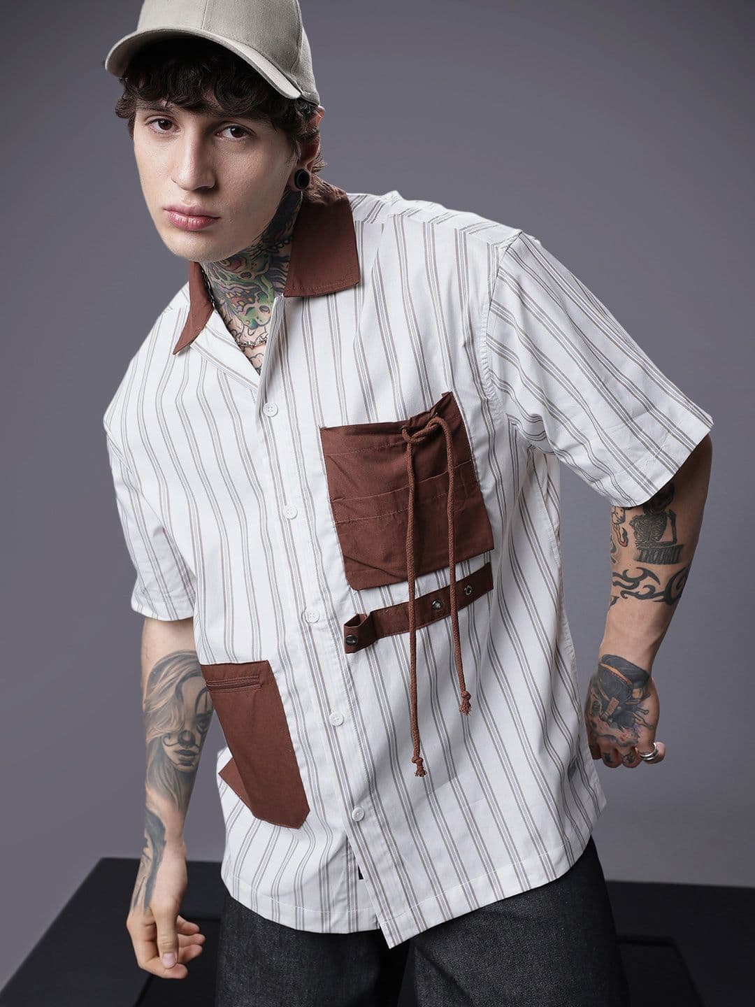 SOKO STREET Relaxed Fit Vertical Stripes Drop-Shoulder Sleeves Pure Cotton Casual Shirt - view 1
