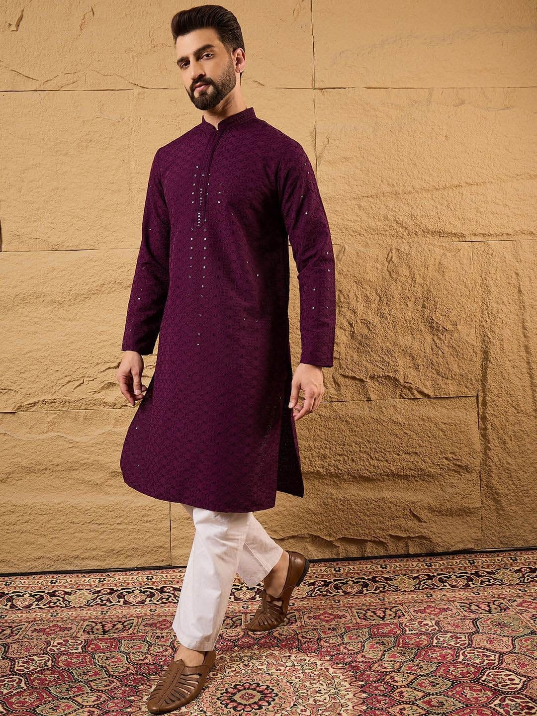 House of Pataudi Embroidered Sequinned Mandarin Collar Straight Kurta - view 1