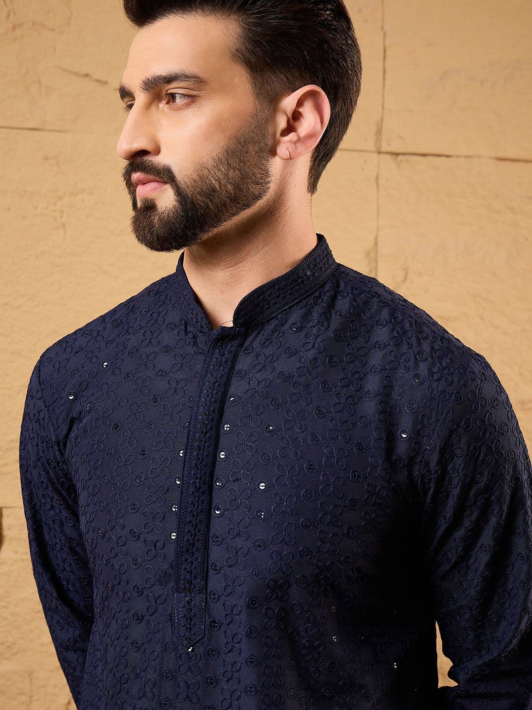House of Pataudi Embroidered Sequinned Mandarin Collar Straight Kurta - view 1