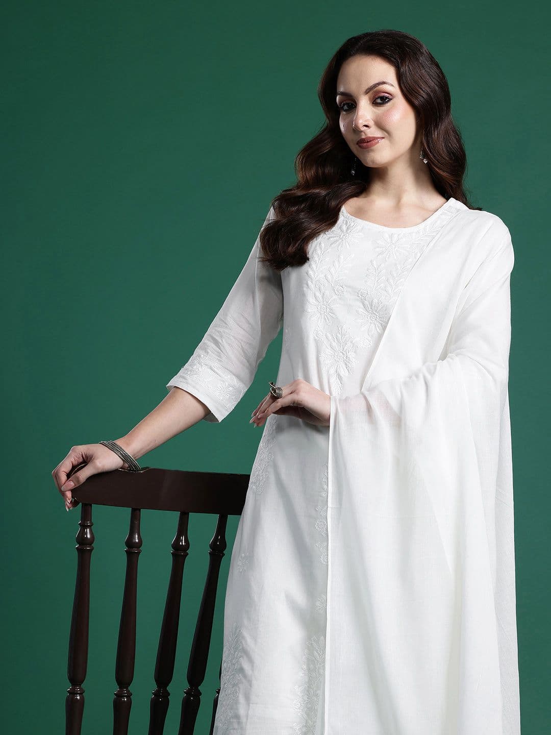Indo Era Women Floral Embroidered Regular Thread Work Pure Cotton Kurta with Trousers & With Dupatta - view 1