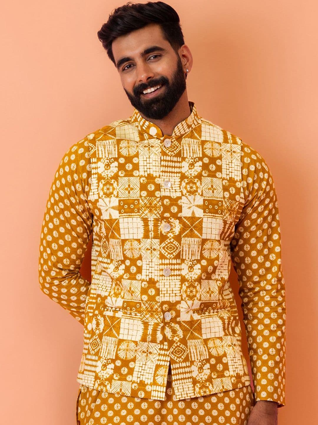 KISAH Men Mustard Printed Nehru Jacket - view 1