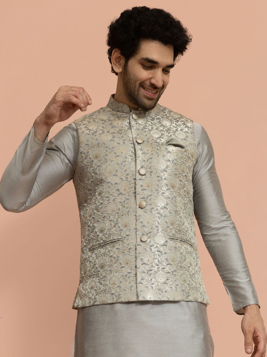 KISAH Men Grey Woven Design Nehru Jacket - view 1