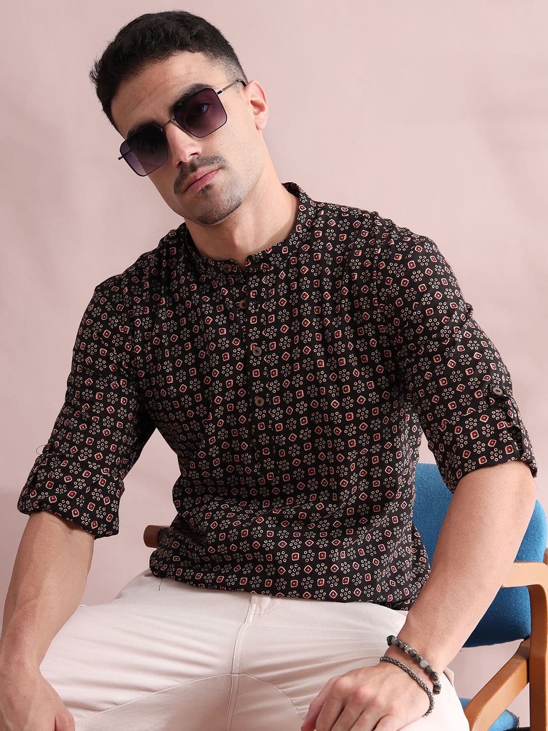 FILORI STUDIO Bandhani Printed Band Collar Cotton Short Kurta - view 1