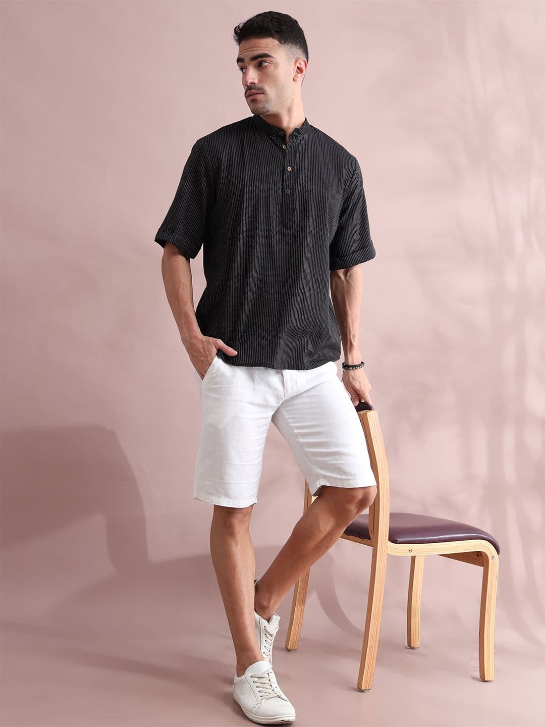 FILORI STUDIO Striped Band Collar Cotton Short Kurta - view 1