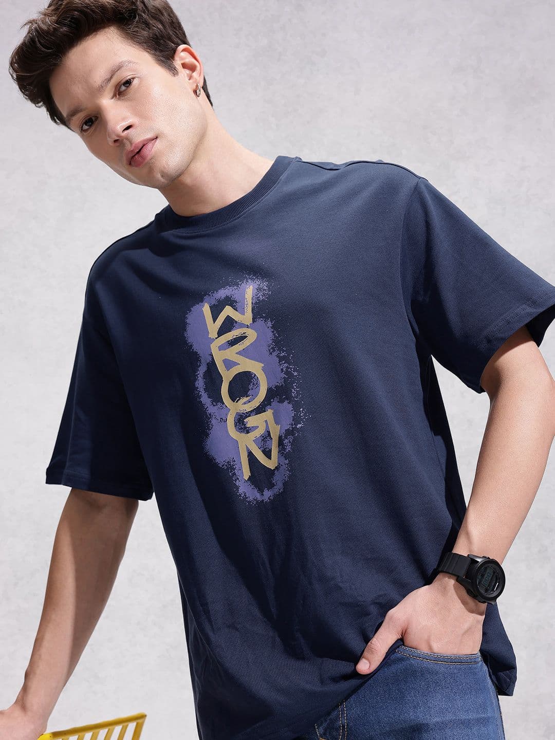 WROGN Brand Logo Printed Drop-Shoulder Sleeves Pure Cotton Oversized T-shirt - view 1
