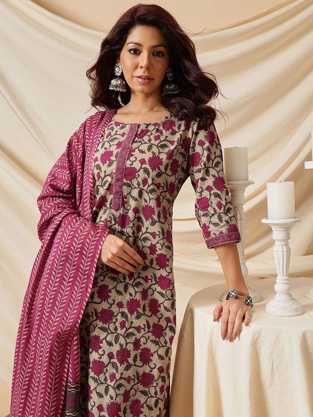 Ginni Arora Label Floral Printed Pure Cotton Straight Kurta & Trouser With Dupatta - view 1