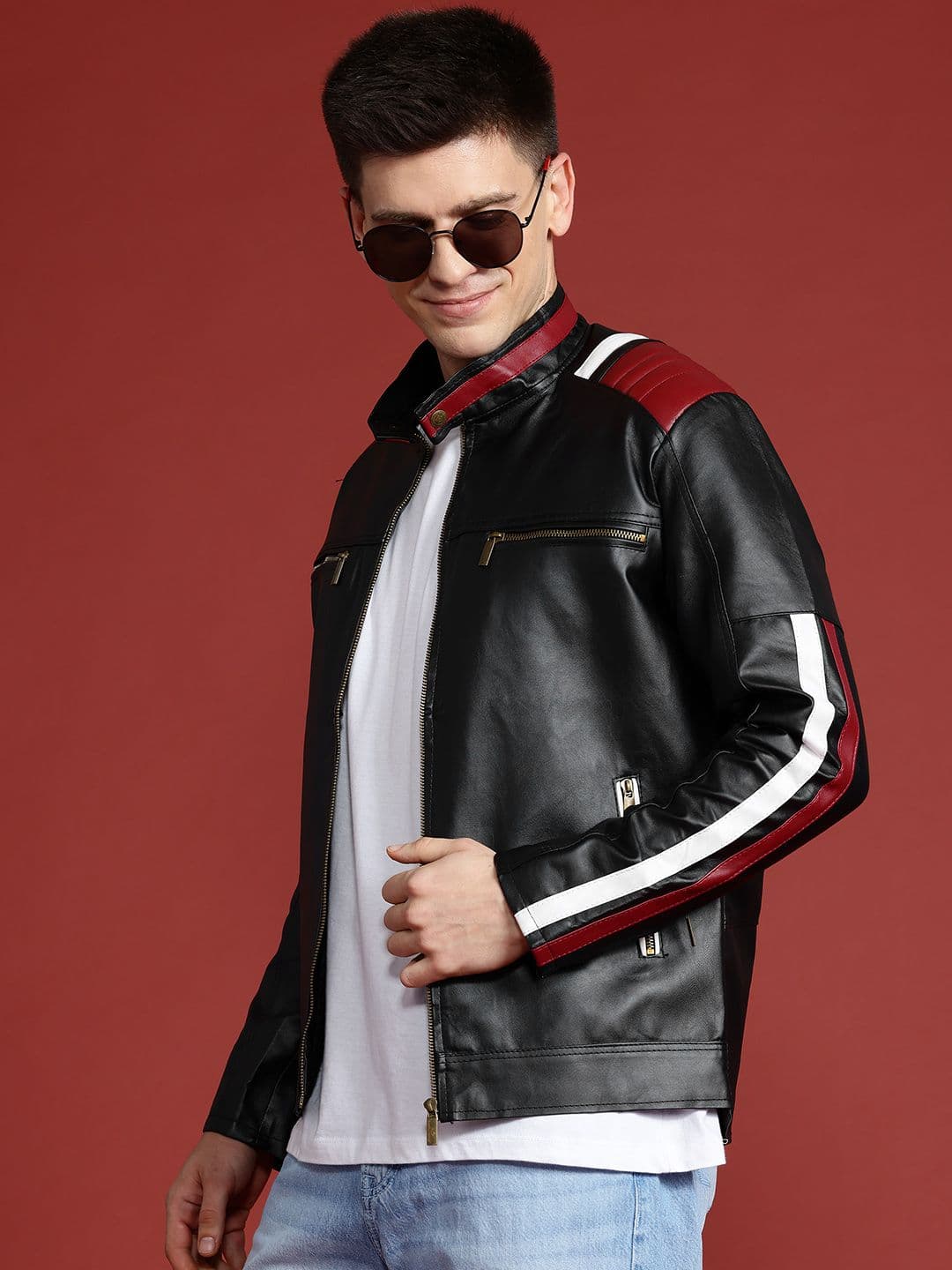 Leather Retail Men Striped Lightweight Biker Jacket - view 1