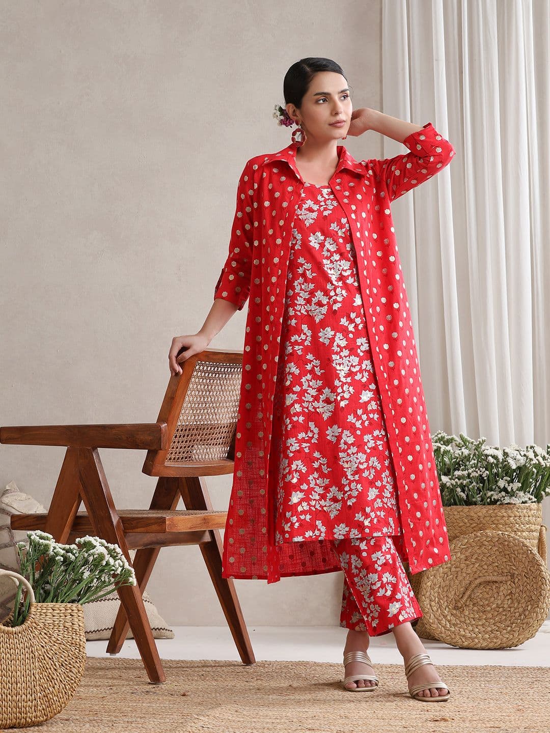 Khushal K Floral Printed Cotton Tunic With Trouser & Jacket Co-Ords - view 1