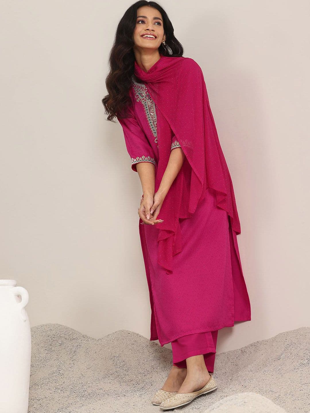 Gerua By Libas Floral Yoke Design Sequnnied Straight Kurta With Trousers & Dupatta - view 1