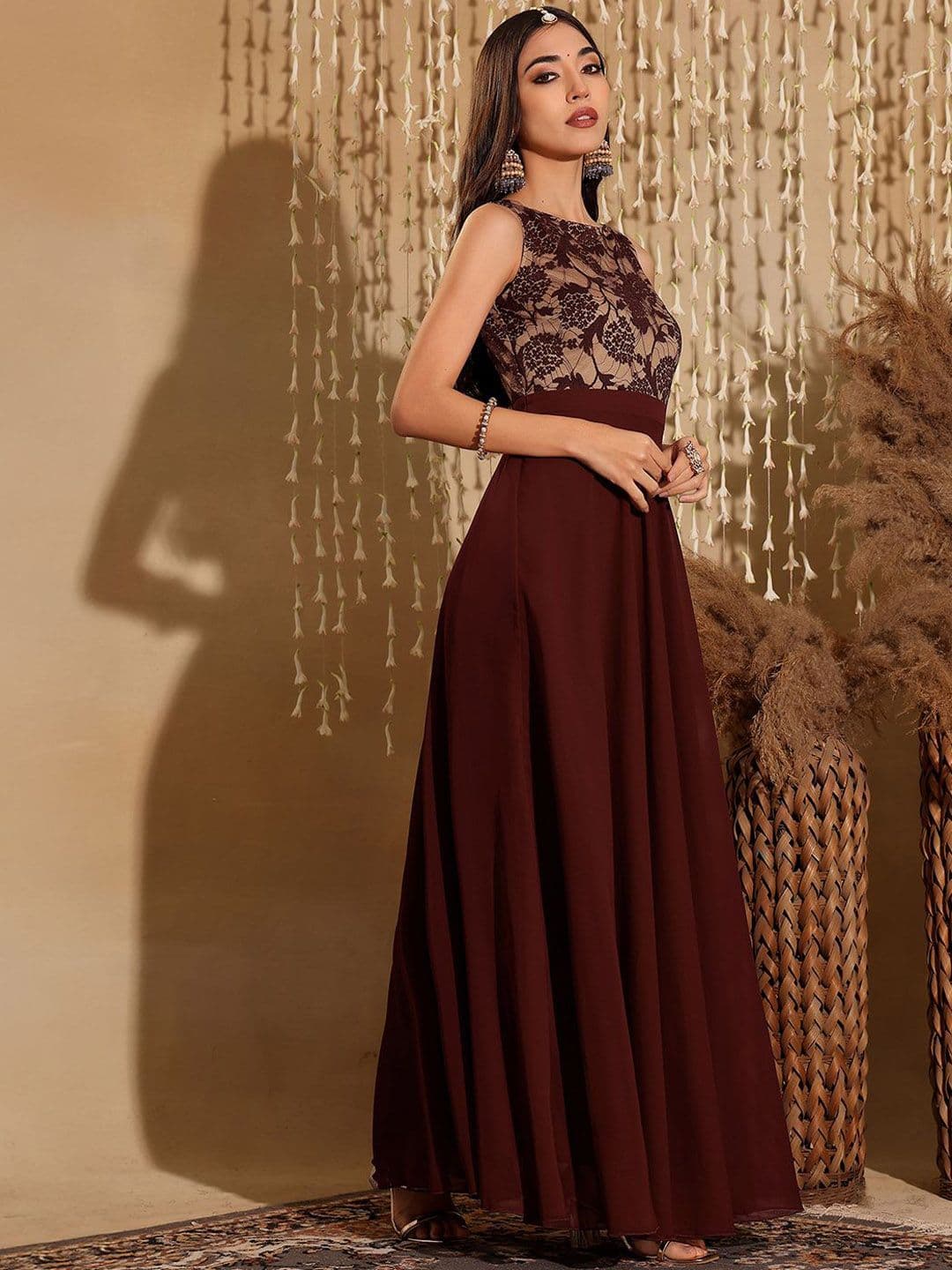 Miss Chase Womens Round Neck Sleeveless Floral Lace Fit & Flare Ethnic Maxi Dress - view 1