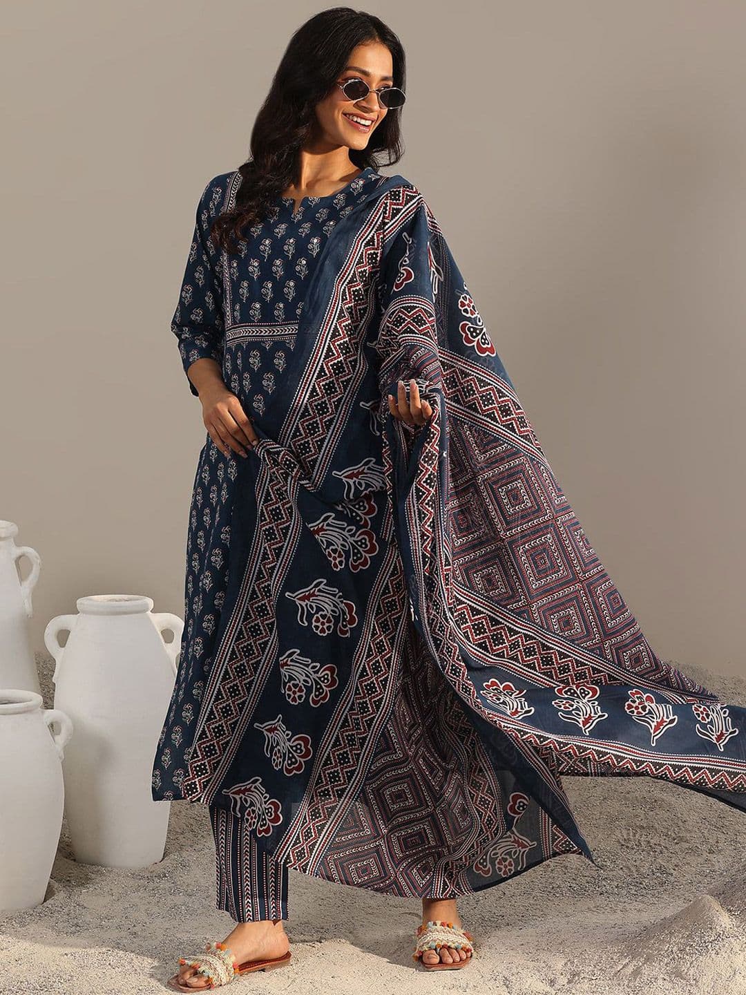 Libas Floral Printed Notch-Neck Kurta With Trousers And Dupatta - view 1