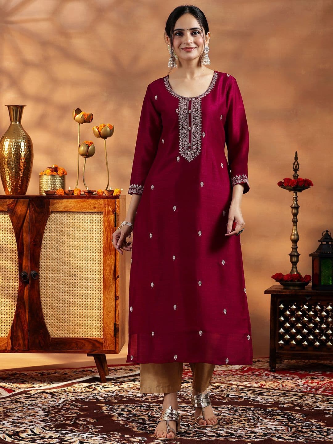 Libas Floral Embroidered Sequinned Pure Silk Straight Kurta With Lining - view 1