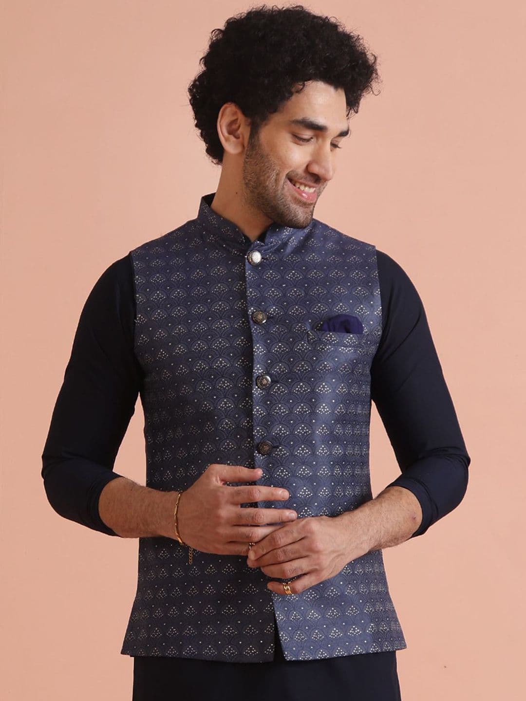 KISAH Mandarin Collar Woven Design Nehru Jacket - view 1