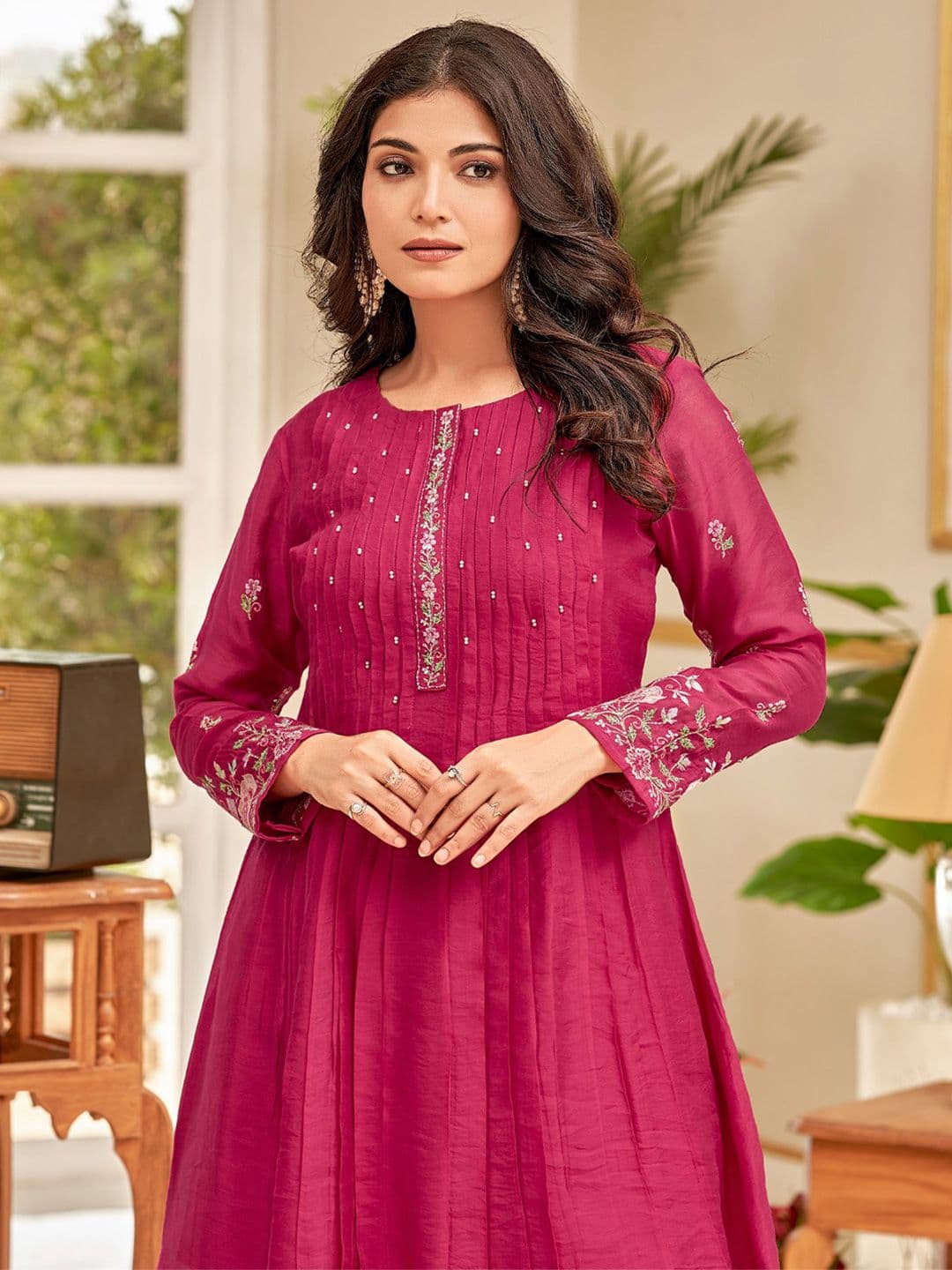 Varanga Floral Embroidered Thread Work Chanderi Cotton A-Line Kurta With Palazzos - view 1