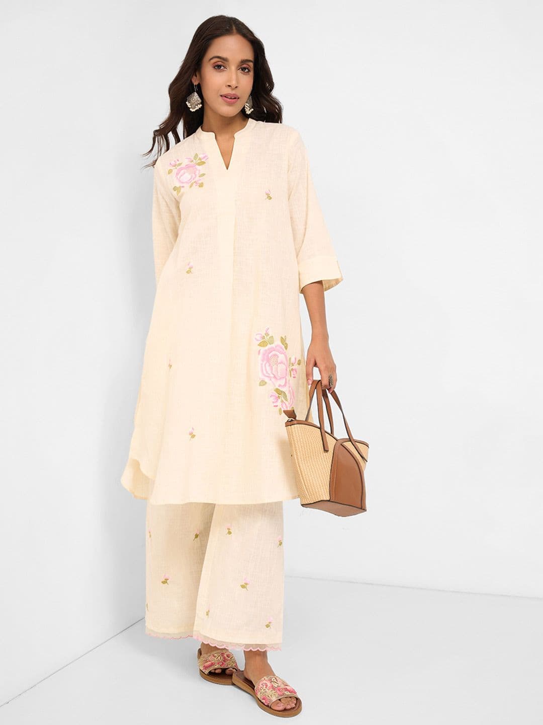 RANGMANCH BY PANTALOONS Embroidered Mandarin Collar A-LIne Kurta - view 1
