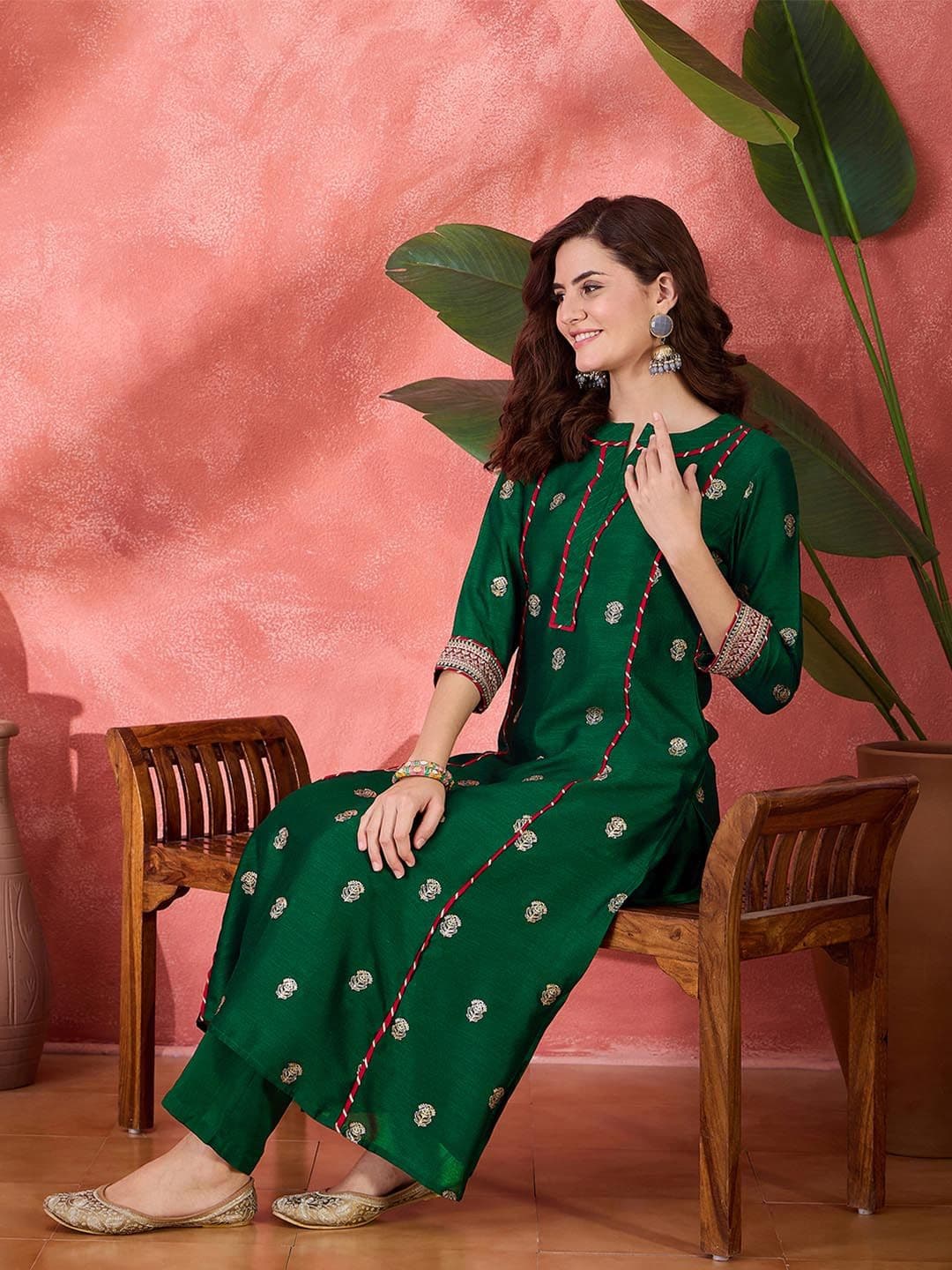 Sangria Foil Printed & Embroidered Kurta & Trouser Set - view 1