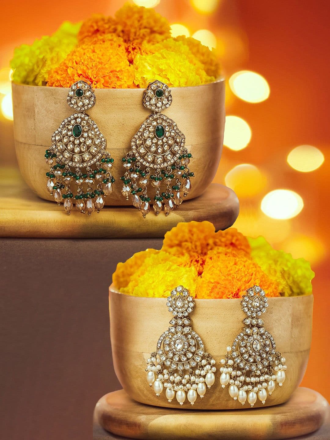 Zaveri Pearls Set Of 2 Gold-Plated Artificial Stones And Beaded Contemporary Drop Earrings - view 1
