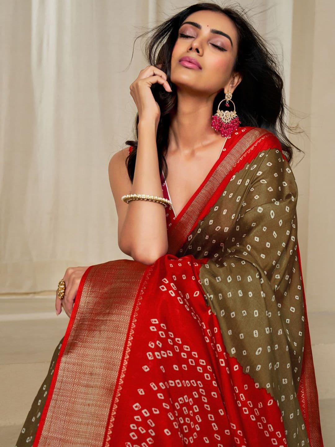 Kalini Women Dola Silk Bandhani Print Zari border Saree - view 1