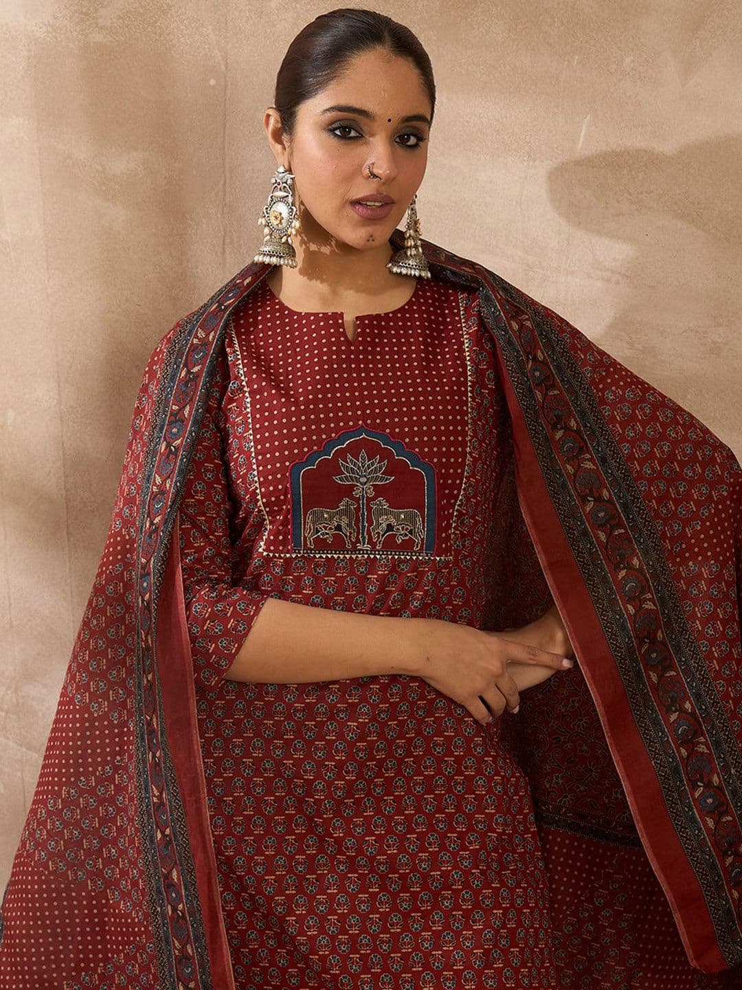 Indo Era Women Ethnic Motifs Printed Regular Pure Cotton Kurta with Trousers & With Dupatta - view 1
