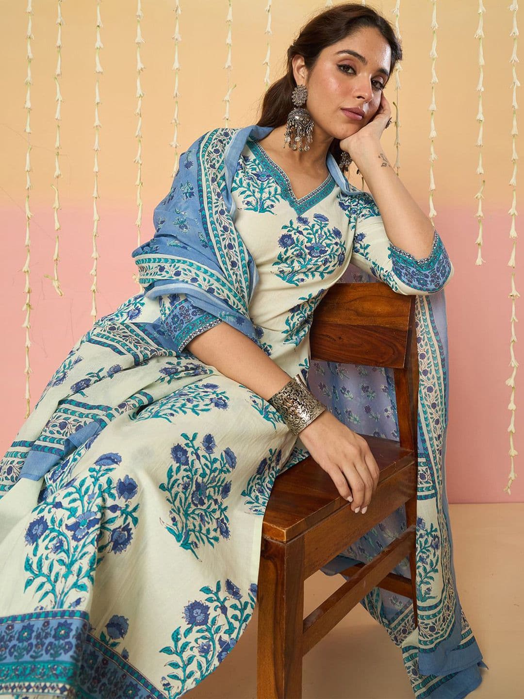 Indo Era Women Floral Printed Regular Pure Cotton Kurta with Trousers & With Dupatta - view 1
