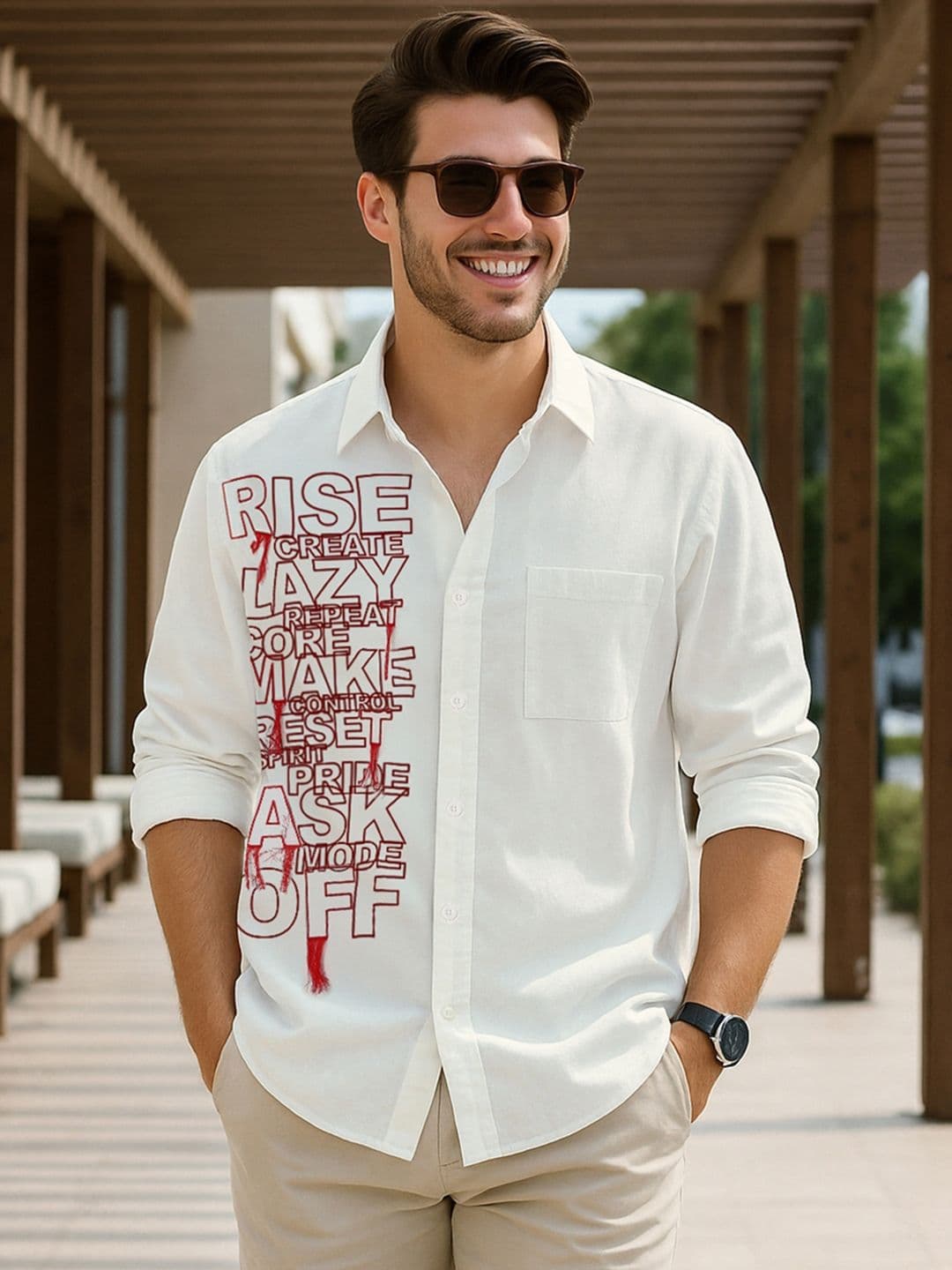 Bewakoof Men's White Typography Oversized Shirt - view 1