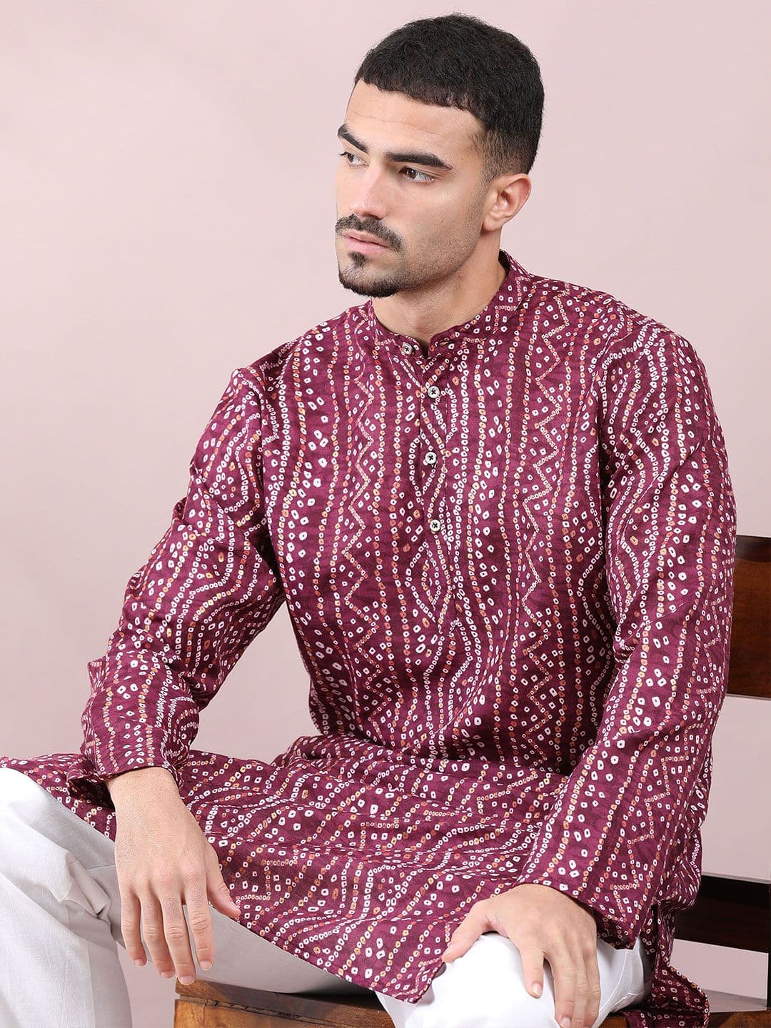 FILORI STUDIO Bandhani Printed Mandarin Collar Pure Cotton Straight Kurta - view 1
