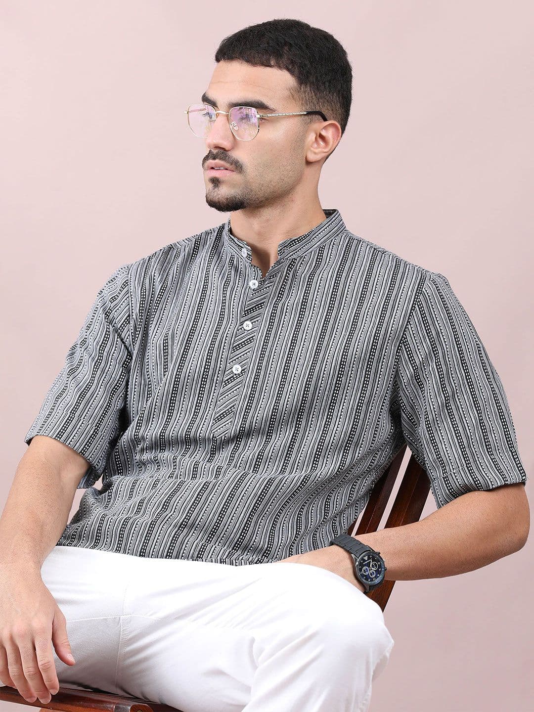 FILORI STUDIO Striped Band Collar Short Straight Kurta - view 1