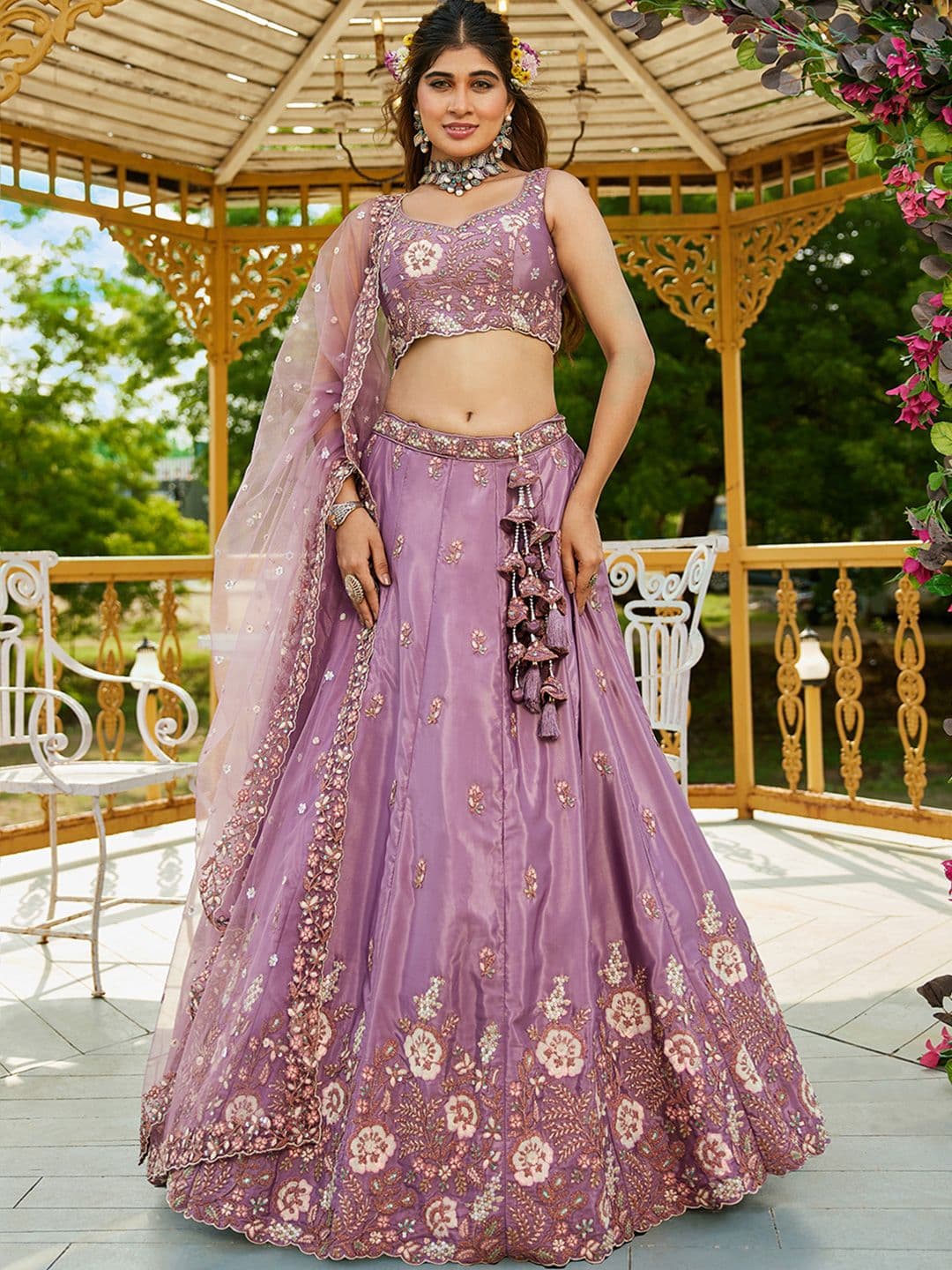 panchhi Rose Gold Satin Sequins Embroidery Semi-Stitched Lehenga Choli & Dupatta - view 1