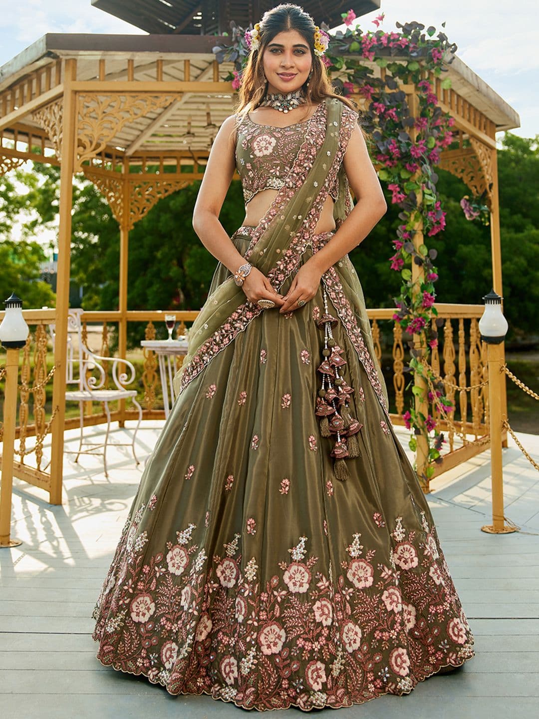 panchhi Embroidered Colour Sequinned Satin Lehenga Choli With Dupatta - view 1