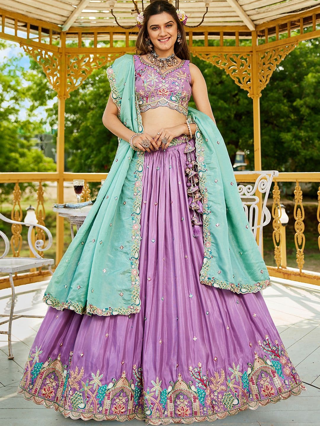 panchhi Embroidered Colour Sequinned Satin Lehenga Choli With Dupatta - view 1