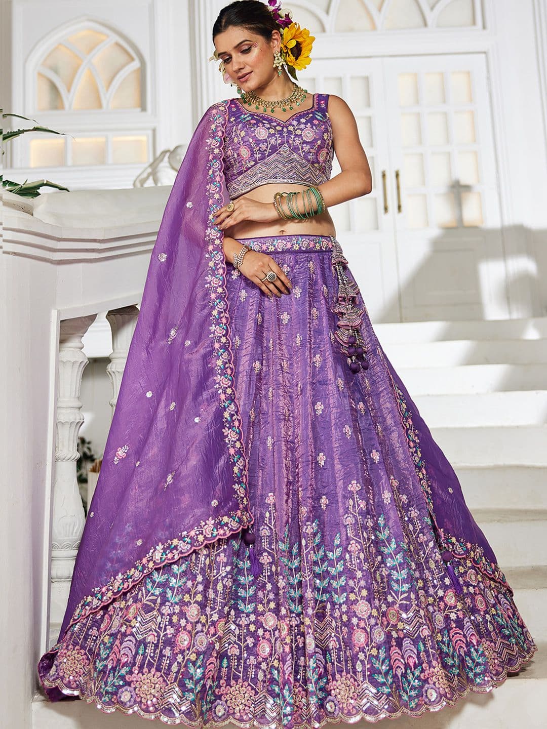panchhi Embroidered Colour Sequinned Tissue Lehenga Choli With Dupatta - view 1