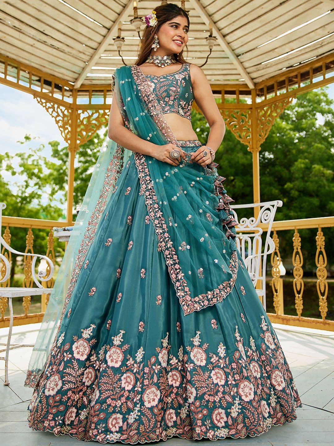 panchhi Embroidered Colour Sequinned Satin Lehenga Choli With Dupatta - view 1
