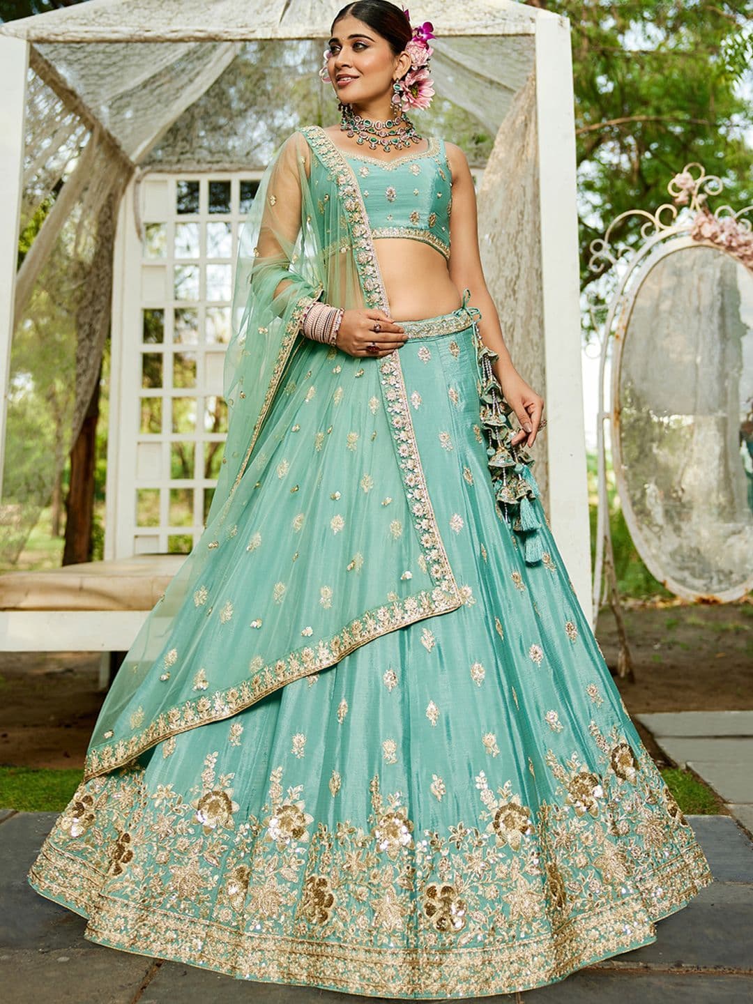 panchhi Embroidered Sea Sequinned Chiffon Lehenga Choli With Dupatta - view 1