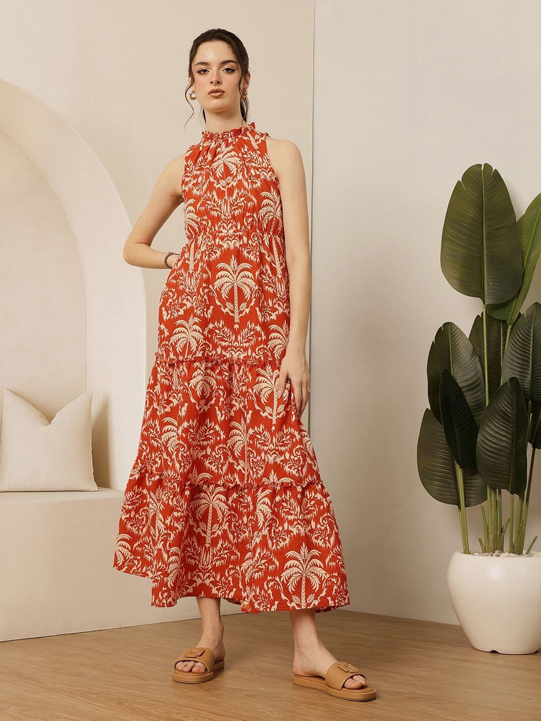 STREET 9 Women Tropical Print Halter Neck Tiered Cotton Fit & Flare Maxi Dress - view 1