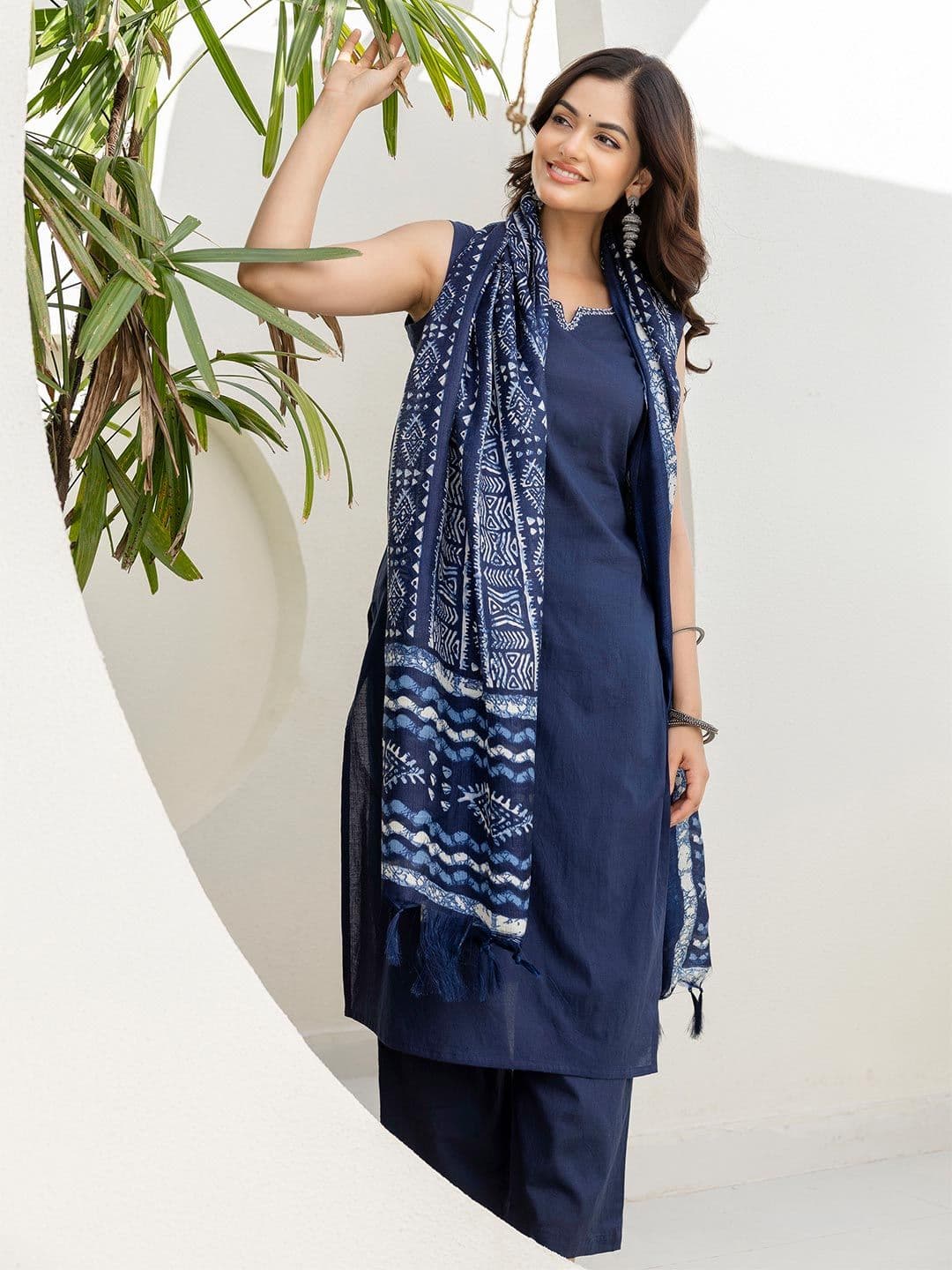 Anouk Rustic Notch Neck Thread Work Pure Cotton Straight Kurta With Trousers & Dupatta - view 1