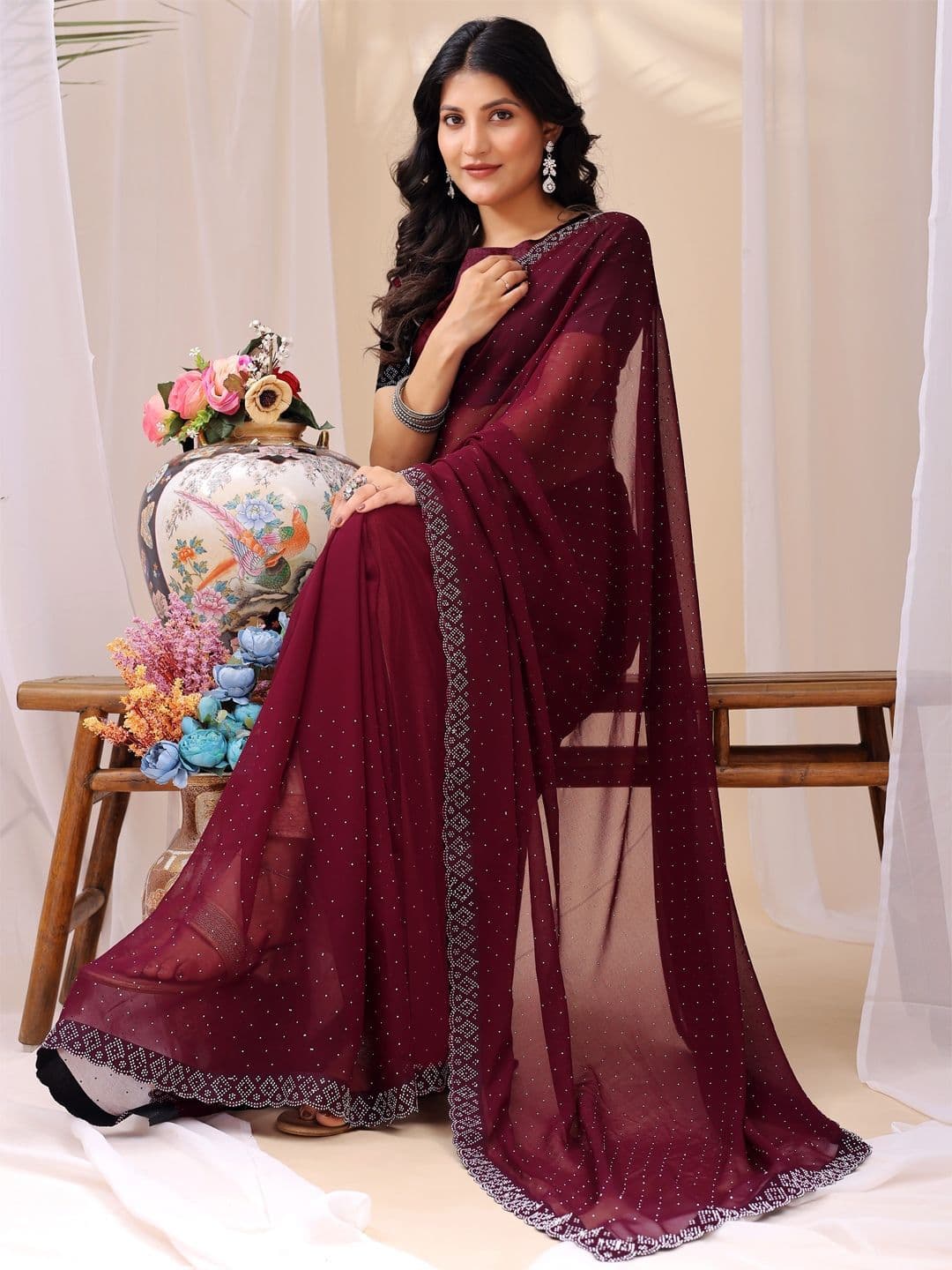 Leelavati Women Embellished Beads and Stones Pure Georgette Heavy Work Saree - view 1