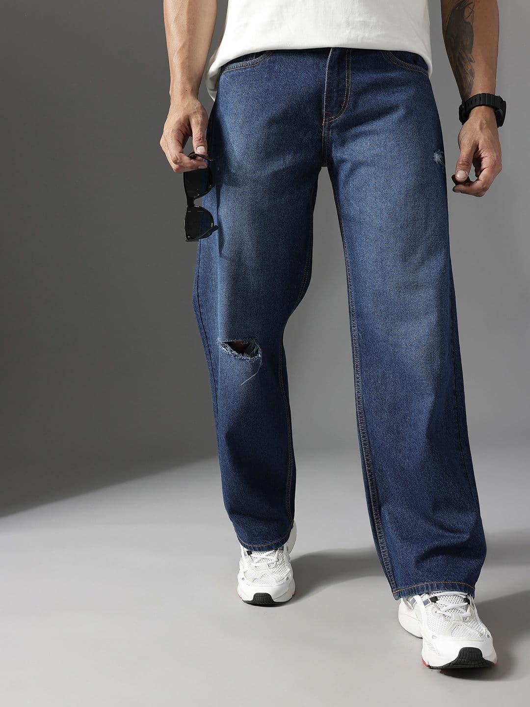 FCUK Men Smart Mid-Rise Low Distress Light Fade Baggy Pure Cotton Jeans - view 1