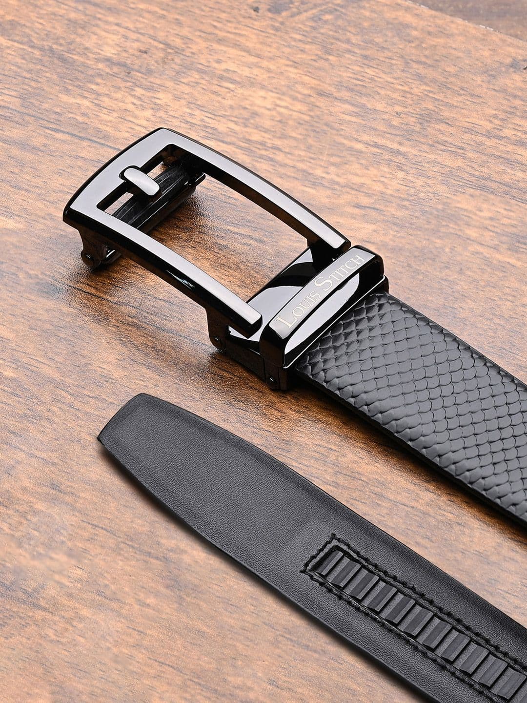 LOUIS STITCH Premium VT Leather Gunmetal Black Buckle Auto Lock Belt - view 1