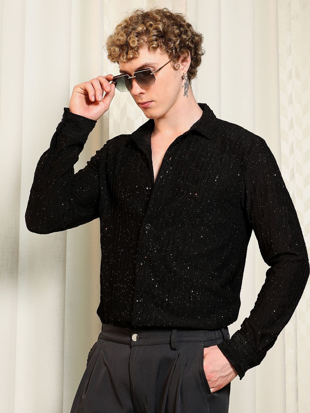 CAHOOT Comfort Slim Fit Textured Party Shirt With Shimmer Effect - view 1